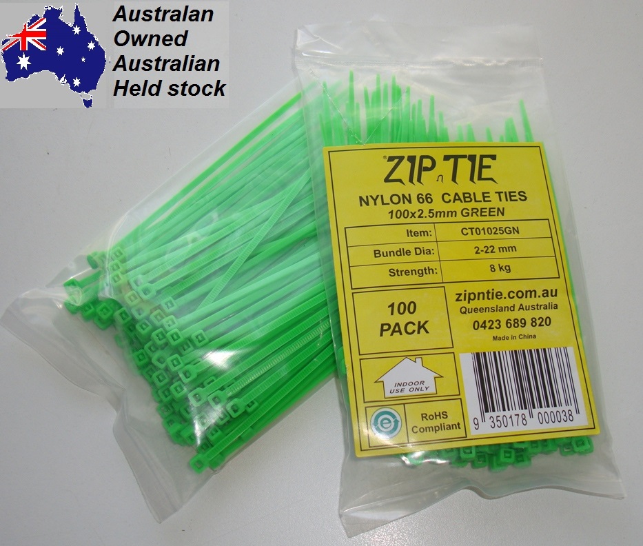 (image for) Cable Ties - 100 mm x 2.5 mm - 100 Piece Packs - Green