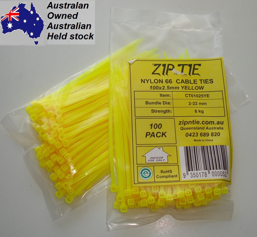(image for) Cable Ties - 100 mm x 2.5 mm - 100 Piece Packs - Yellow