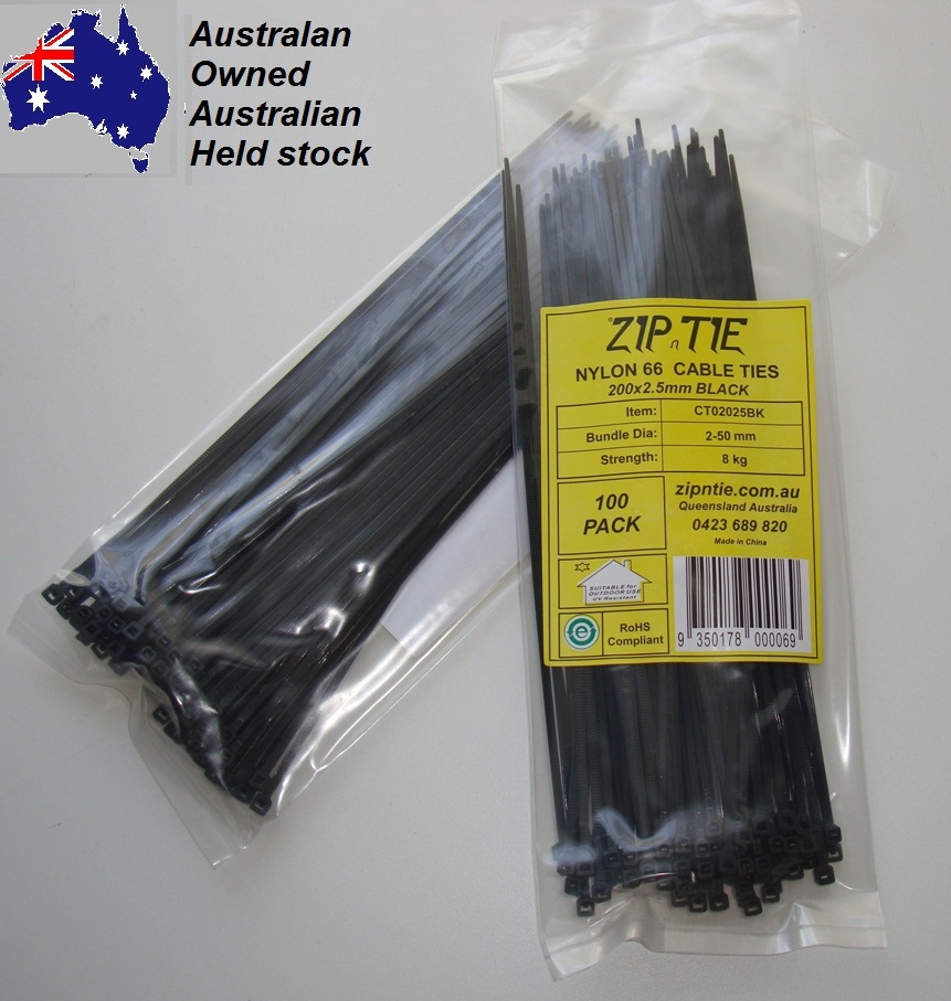 (image for) Cable Ties - 200 mm x 2.5 mm - 100 Piece Packs - Black