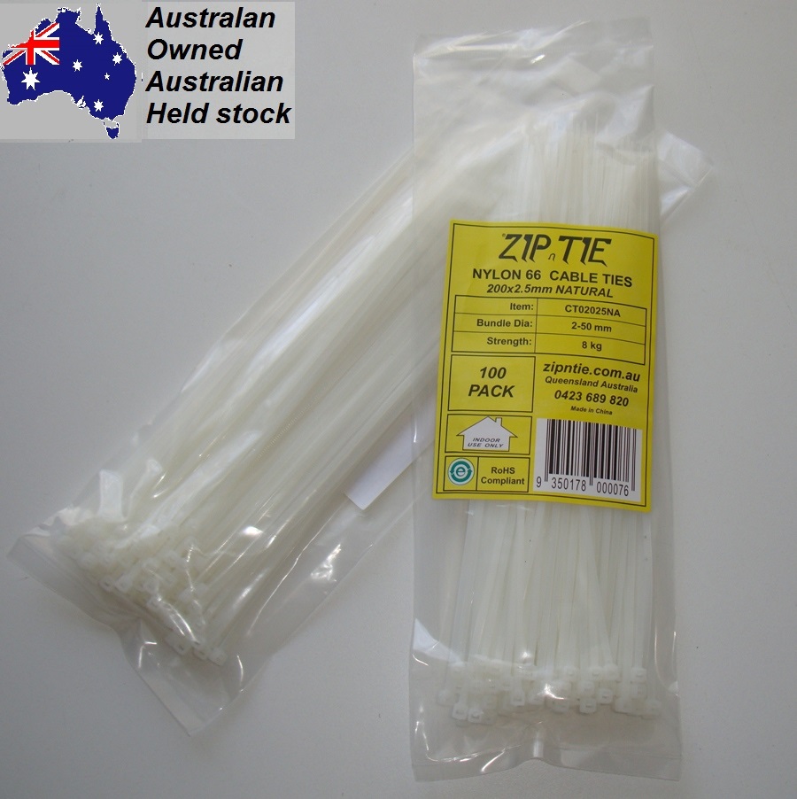 (image for) Cable Ties - 200 mm x 2.5 mm - 100 Piece Packs - White