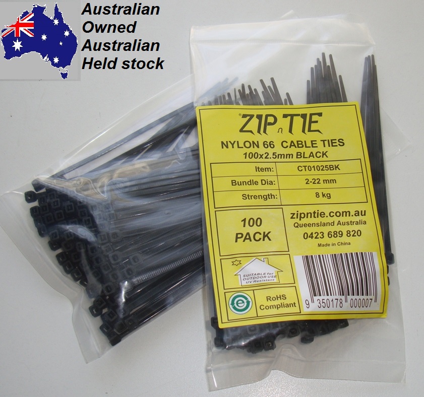 (image for) Cable Ties 100mm x 2.5mm Black Carton Buy 500 x 100 piece packs