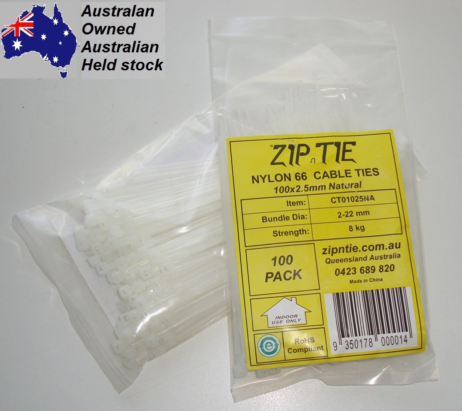 (image for) Cable Ties 100mm x 2.5mm White Carton Buy 500 x 100 piece packs
