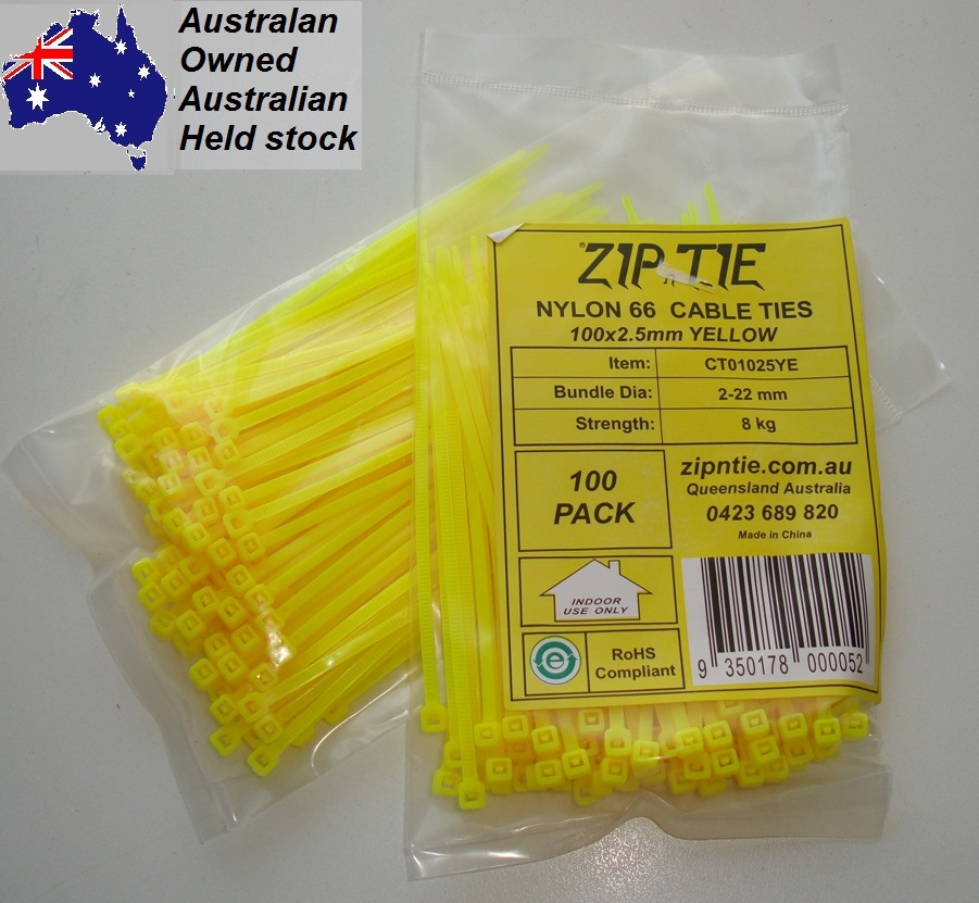 (image for) Cable Ties 100mm x 2.5mm Yellow Carton Buy 500 x 100 piece packs