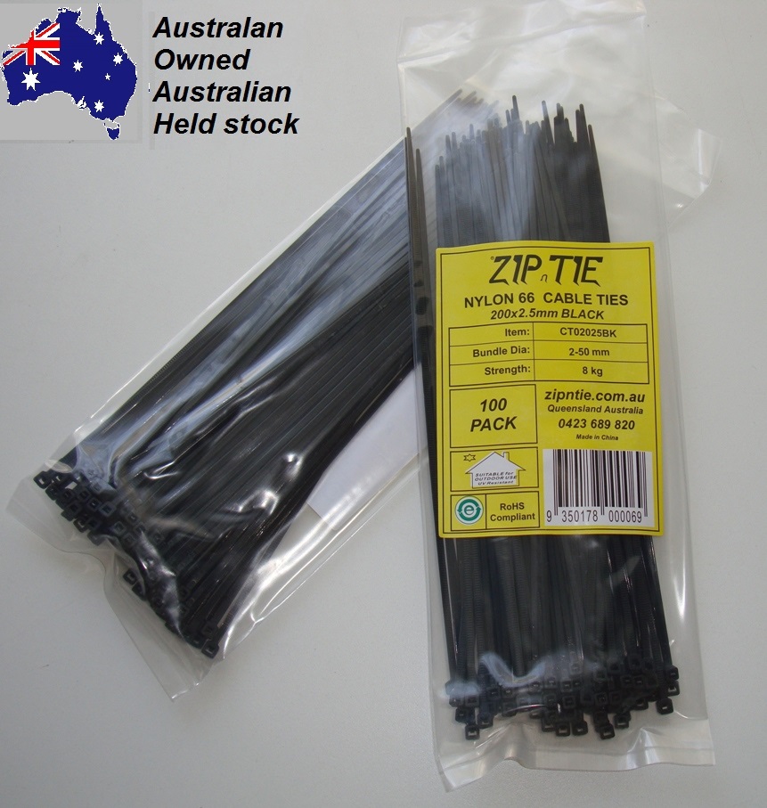 (image for) Cable Ties 200mm x 2.5mm Black Carton Buy 300 x 100 piece packs