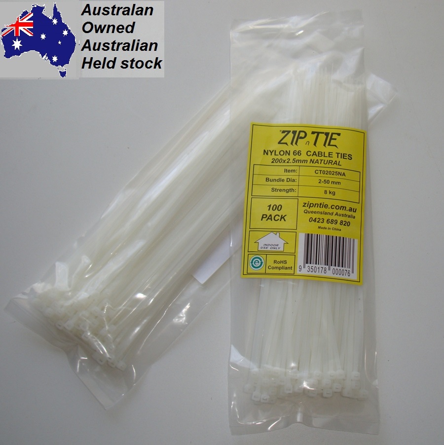 (image for) Cable Ties 200mm x 2.5mm White Carton Buy 300 x 100 piece packs