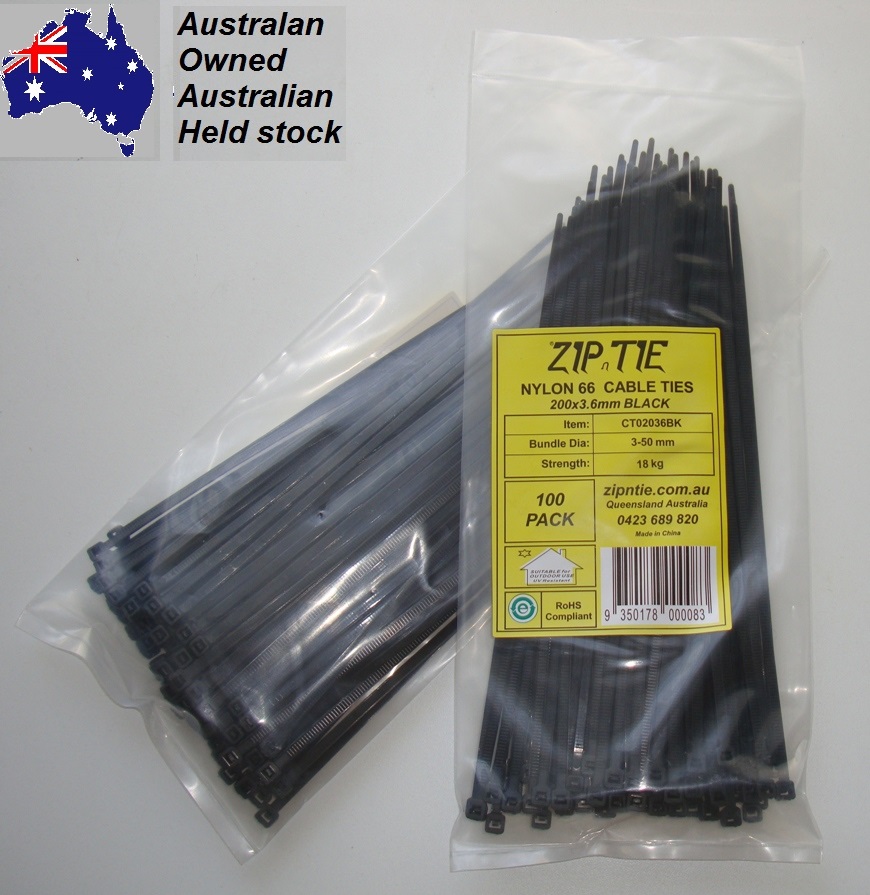 (image for) Cable Ties 200mm x 3.6mm Black 100 piece packs