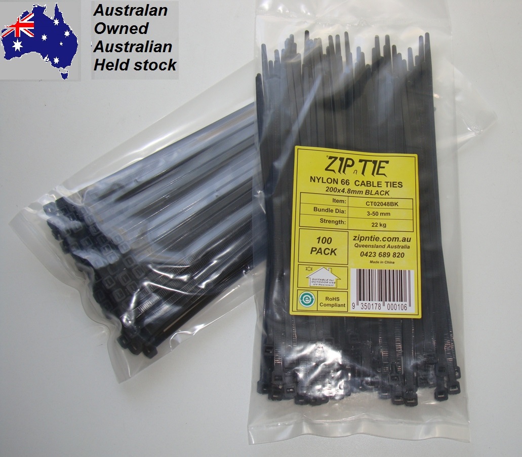 (image for) Cable Ties 200mm x 4.8mm Black Carton Buy 150 x 100 piece packs