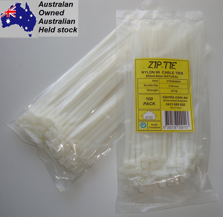 (image for) Cable Ties 200mm x 4.8mm White Carton Buy 150 x 100 piece packs