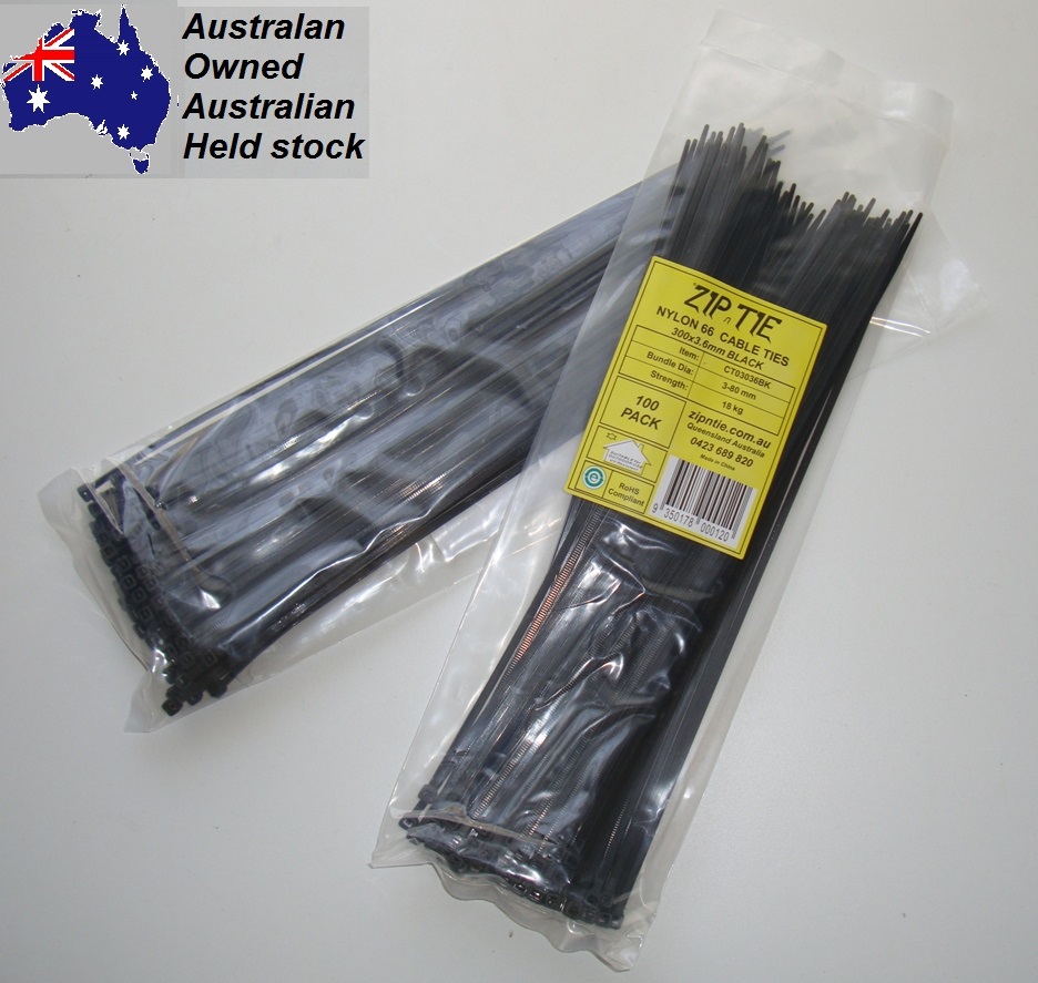 (image for) Cable Ties 300mm x 3.6mm Black Carton Buy 130 x 100 piece packs