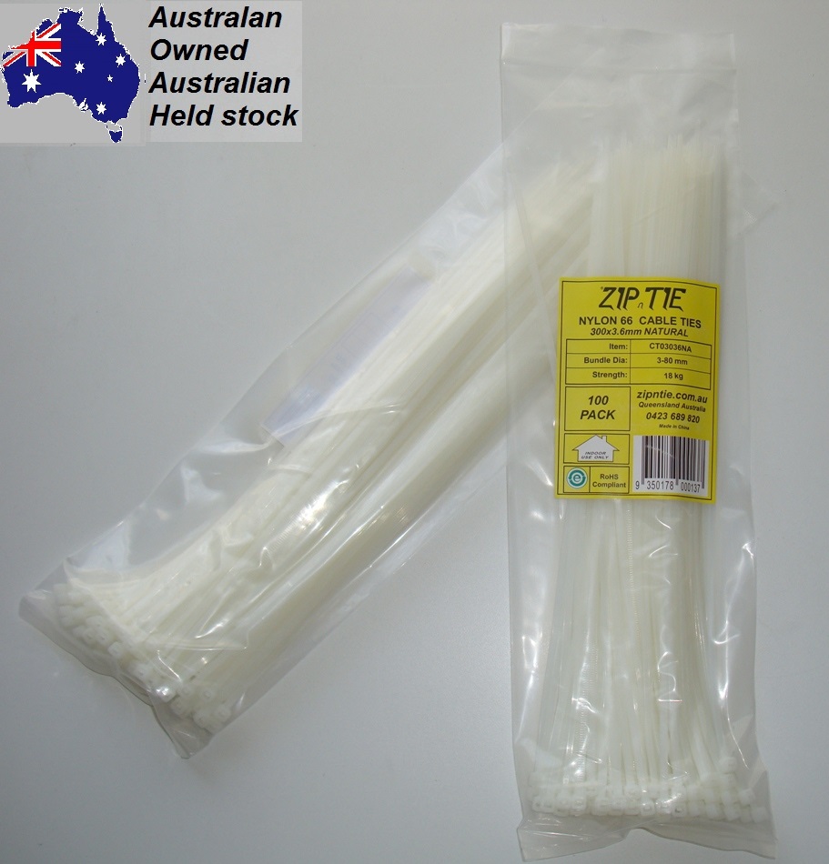 (image for) Cable Ties 300mm x 3.6mm White Carton Buy 130 x 100 piece packs