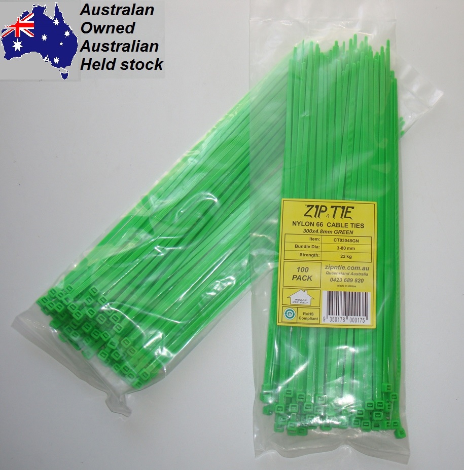 (image for) Cable Ties 300mm x 4.8mm Green Carton Buy 100 x 100 piece packs